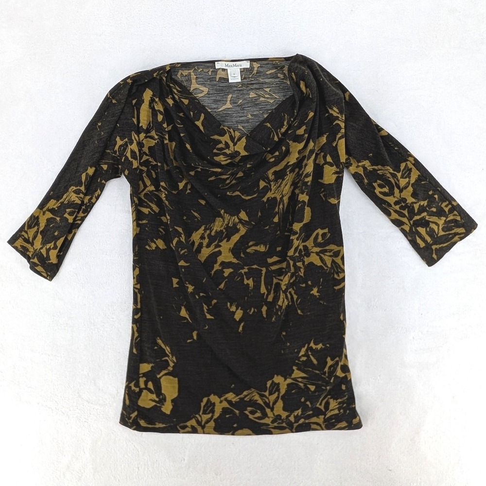 Max Mara Floral Wool Blend Cowl Neck Top 3/4 Sleeve Olive Charcoal‎ Small